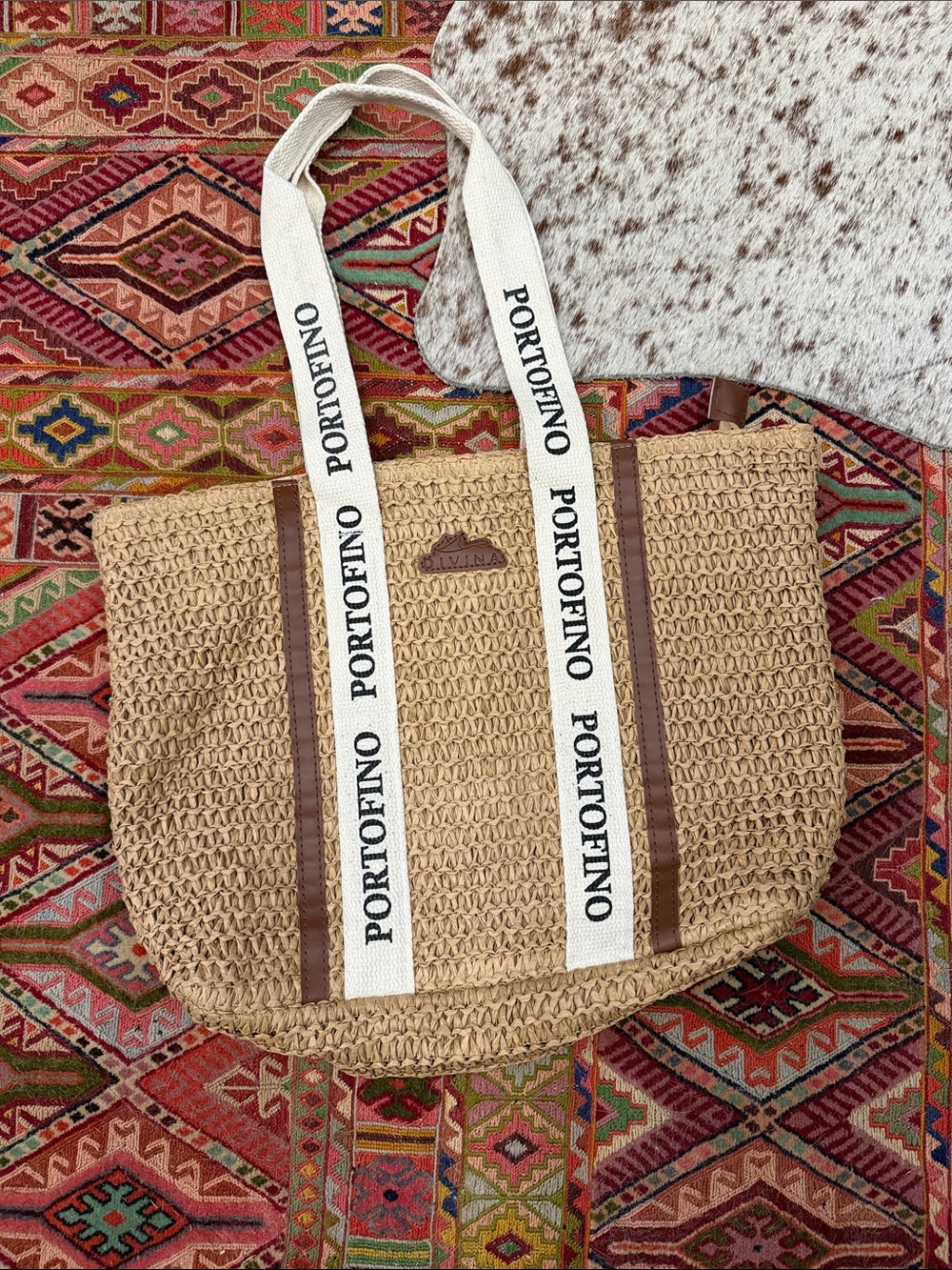 Natural Straw Tote with White Branded Straps